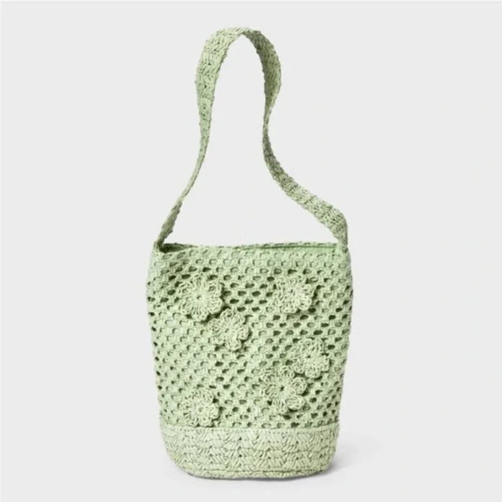 NEW Straw Mini Floral Print Bucket Bag - A New Day™ Woven Paper Straw Green